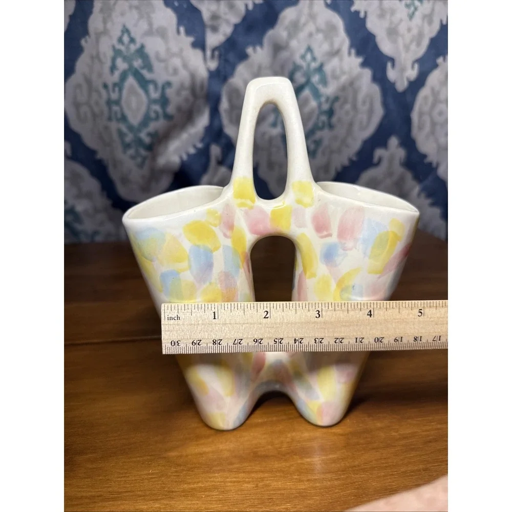 Vtg 1986 Handmade Studio Ceramic Double Vase Signed‎ Pastel Easter Colors